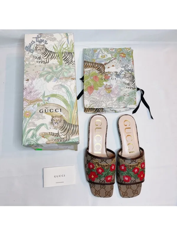 GUCCI Jolie GG logo supermen floral tiger embroidered leather slides sandals - Image 6