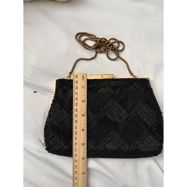 Vintage Marshall‎ Fields Black Beaded Clutch Hand Made Evening Bag Gold Chain - Image 11