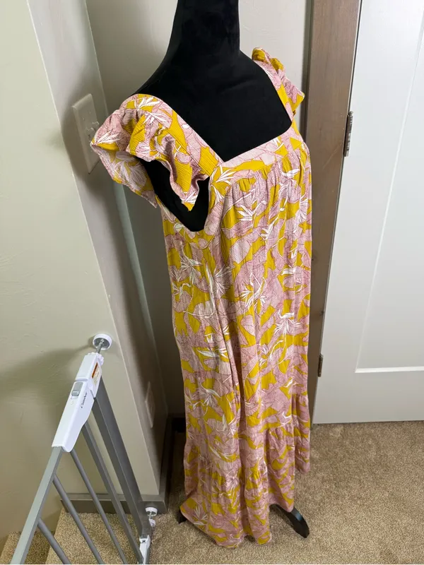 Knox Rose Square Neck Flutter Cap Sleeve Maxi‎ Dress Yellow Pink Floral Tropical - Image 4