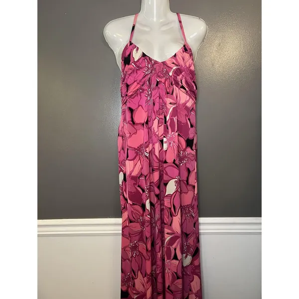 ELLE Dress Womens Medium Pink Floral Halter Maxi Jersey Sundress Casual Summer - Image 2