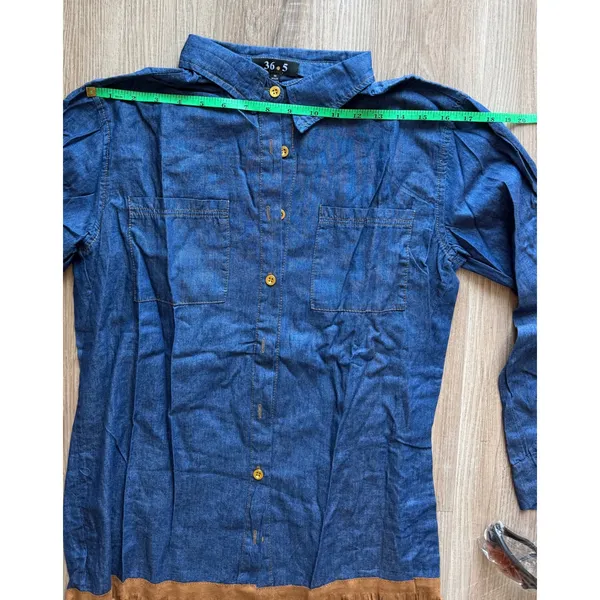 Set sunglasses & Blue Chambray Shirt Dress with Brown Faux Suede Fringe Hem - M - Image 6