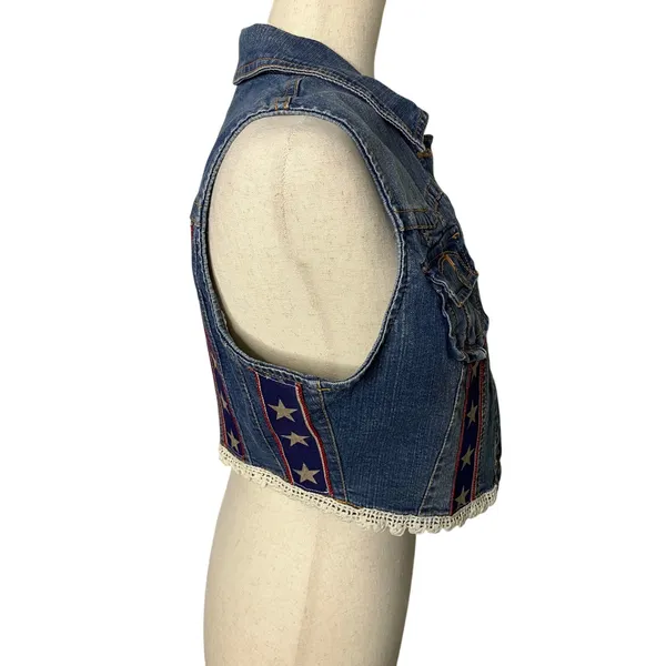 New Look Women’s Medium Denim Vest Star Ribbon Crochet Trim | Size M - Image 2