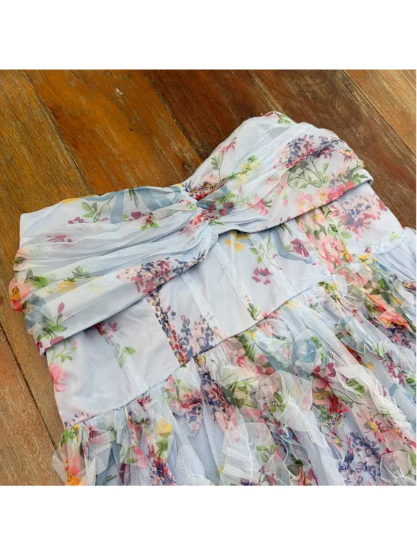 DressAlisa Light Blue Floral Mesh Tiered Ruffle Maxi Dress Strapless NWOT Large - Image 3