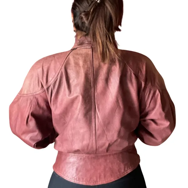 Vintage 80s Winlit Burgundy Leather Wrap Jacket Belted Power Shoulders M - Image 2