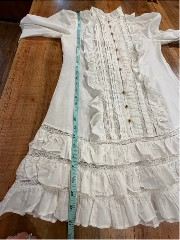 White Ruffle Mini Dress Glam Coastal Boho Lace Long Sleeve Tuxedo Pleat Sz M - Image 7