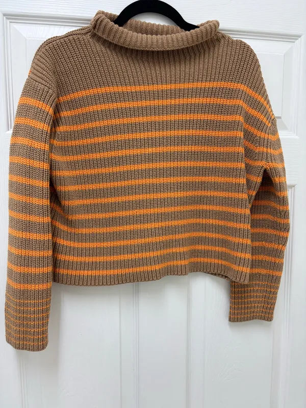 Ann Taylor roll neck sweater striped preppy orange and tan Size Petite Small - Image 2