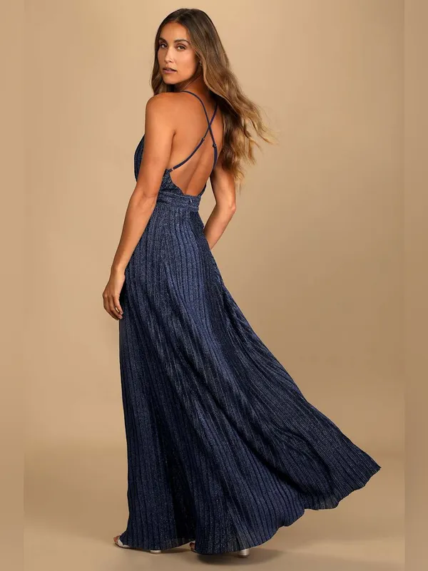 Luxxel Lulus Magical Looks Sparkly Maxi Dress Navy Blue Deep V-Neck Metallic Gown NWT S - Image 2