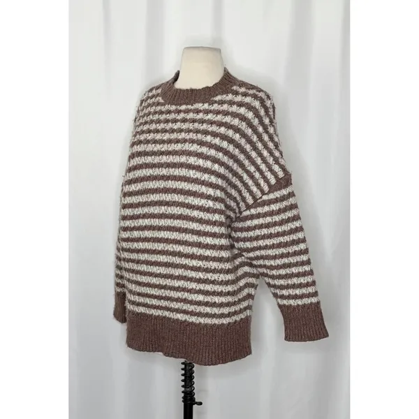 ZARA Wool Chunky Knit Oversized Sweater Brown Grey Stripes‎ Pullover Knit Small - Image 7
