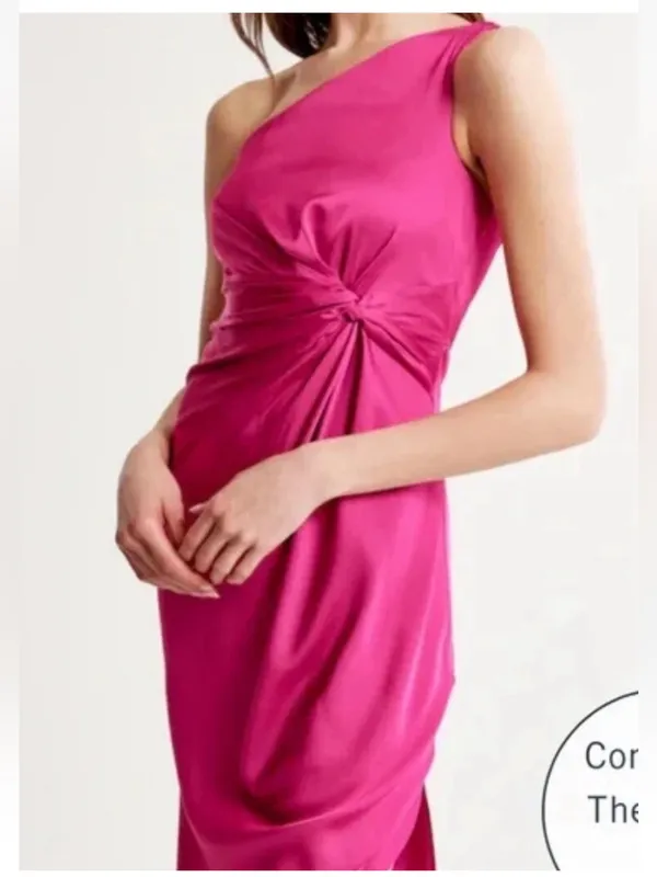 Abercrombie & Fitch Satin One Shoulder Knotted Midi Dress Fuchsia XS NEW $130 - Image 6
