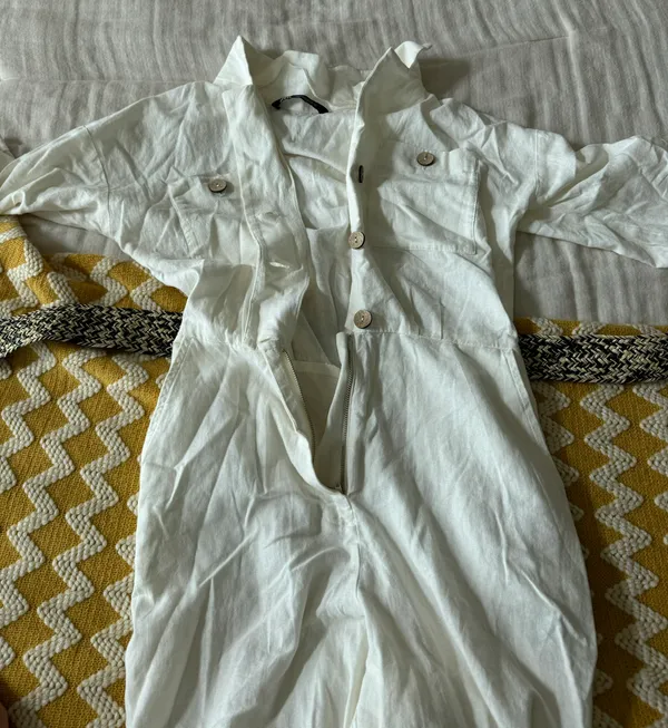 ZARA White Linen Belted Jumpsuit - Image 5