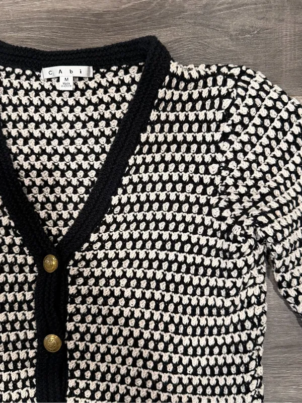 Cabi Coco Women’s Cardigan Sweater Black & White Waffle Knit Button Size Medium - Image 2