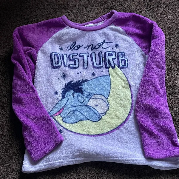 Disney sleepy Eeyore purple do not disturb fuzzy pajama top and bottoms M - Image 2