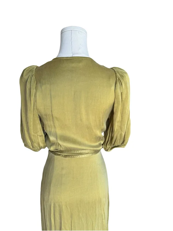 & Other Stories - Satin Wrap Midi Maxi Dress Olive Green Puff Sleeve Sz US 4 - Image 6
