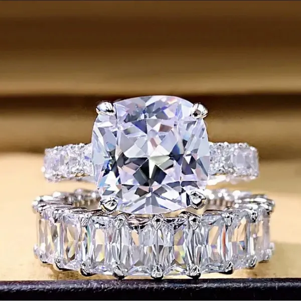 Boutique Lab-Created 3.50CT Cushion Cut Diamond Engagement Wedding Ring Set 14K Gold Over - Image 2