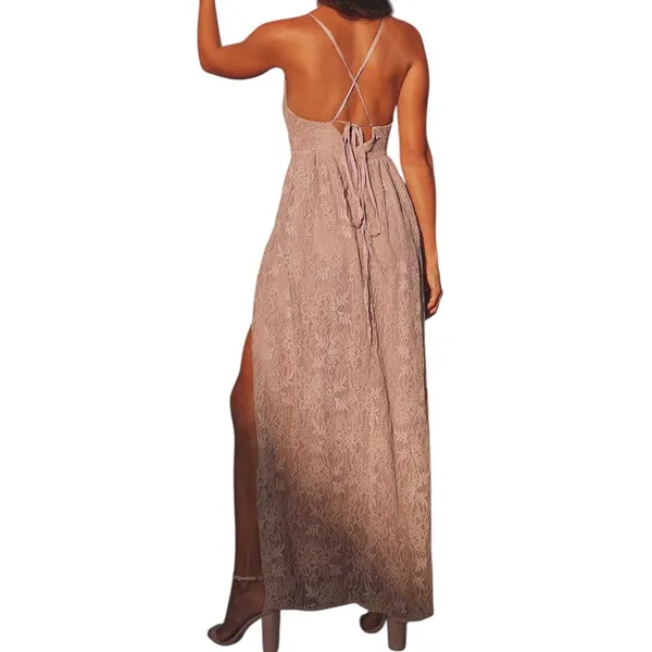 NWT Lulus Lace Up Back Lace‎ Maxi Dress Deep V Neck High Slit Blush Pink Size XS - Image 2