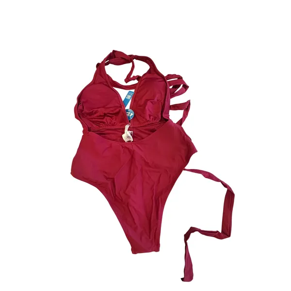 Cupshe Womens Burgundy Wrap Tie Halter One Piece Swimsuit Padded Wine Red Size M - Image 2