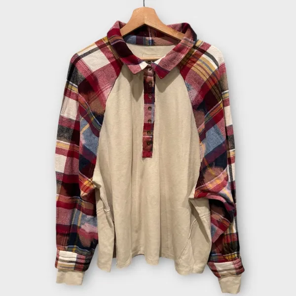 FREE PEOPLE Isabelle Plaid Trim Thermal Henley In Mink Combo Size Large - Image 5
