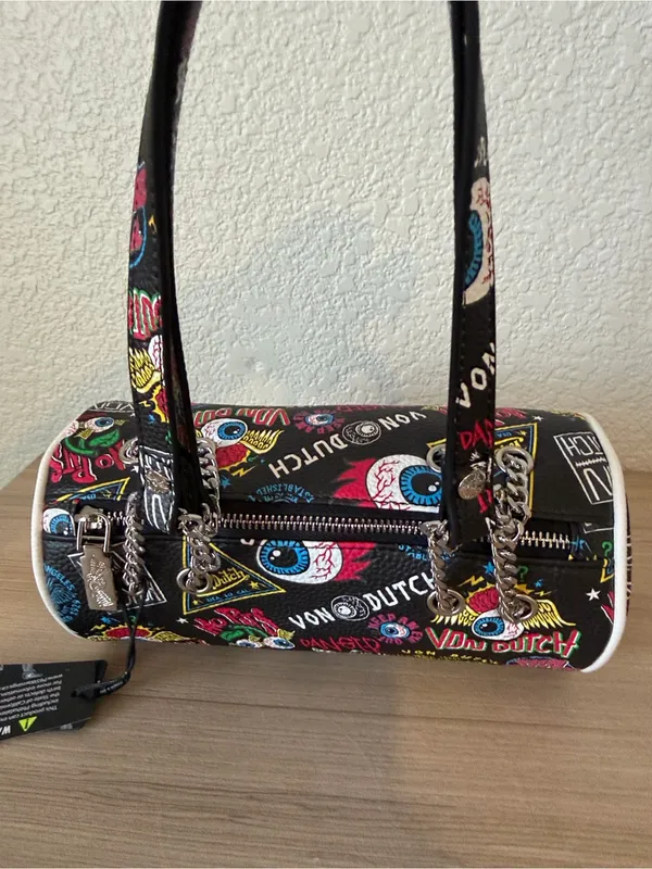 Von Dutch Black Graphic Barrel Crossbody Bag with Multicolor Patches - Image 4