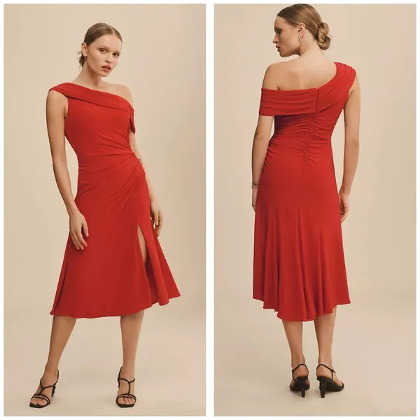 Ieena Mac Duggal Ruched Red Off-The-Shoulder Midi Dress Size 6 Cocktail Wedding - Image 2