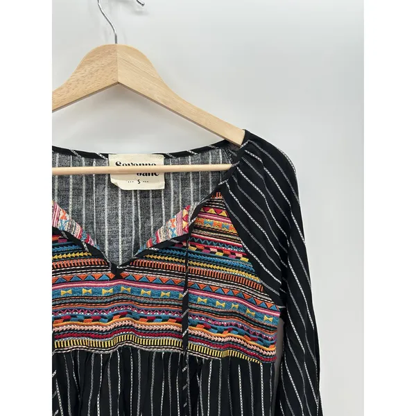 Savanna Jane Black Striped Geo-Inspired Embroidery Top Boho Women Size Small‎ - Image 4