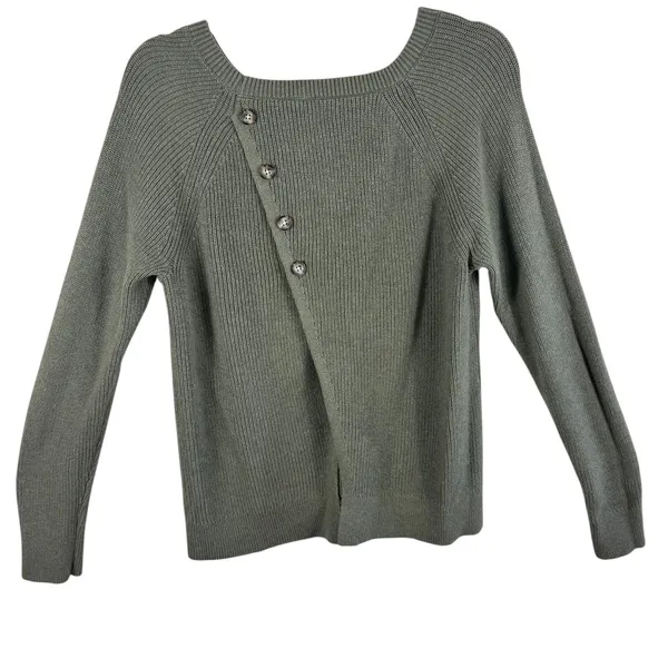 Abercrombie Fitch Women Green Ribbed Knit Button Detail Long Sleeve Sweater‎ M - Image 2