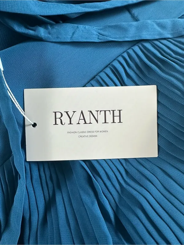 Ryanth Asymmetrical Off Shoulder Ruched Bodice Chiffon Evening Gown Blue 12 NWT - Image 9