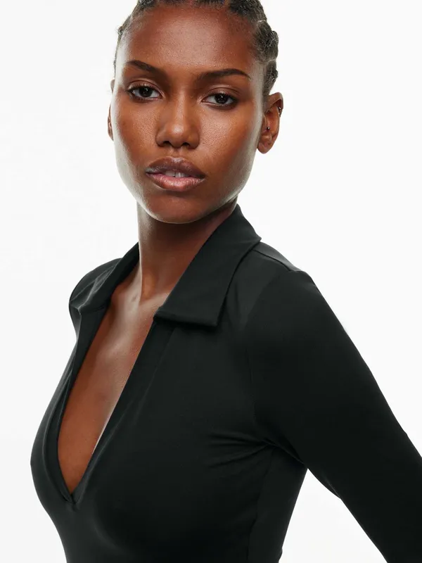 Aritzia Babaton Contour Polo Long Sleeve Bodysuit Black XS Double Layer - Image 2