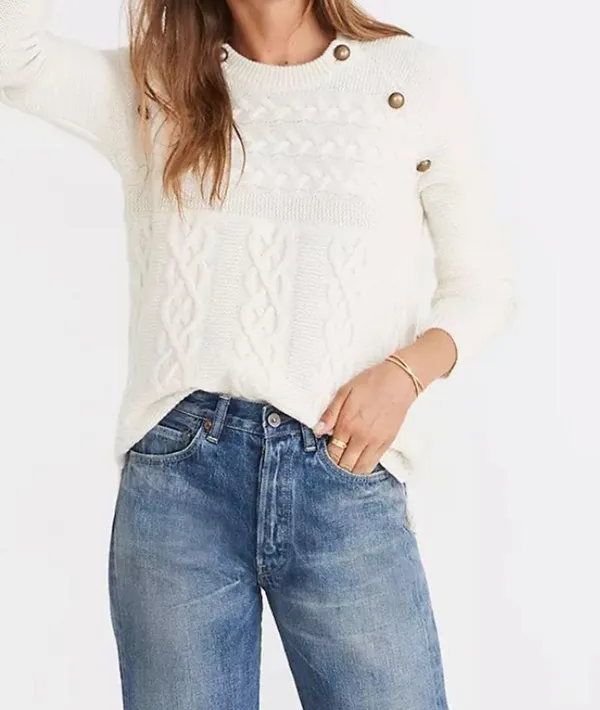 Madewell Button Detail Cable Knit Pullover Sweater - Image 2