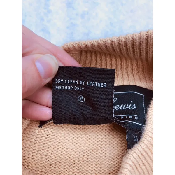 Terry Lewis Sweater Womens Medium Tan Leather Trim Ramie‎ Cotton Mock Neck - Image 3