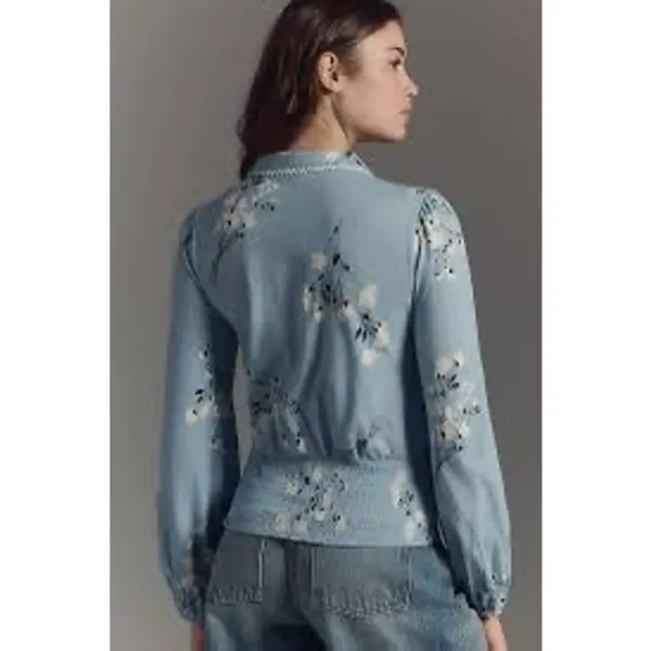 Maeve | Anthropologie light blue floral smocked long sleeve blouse top WOMENS M - Image 4