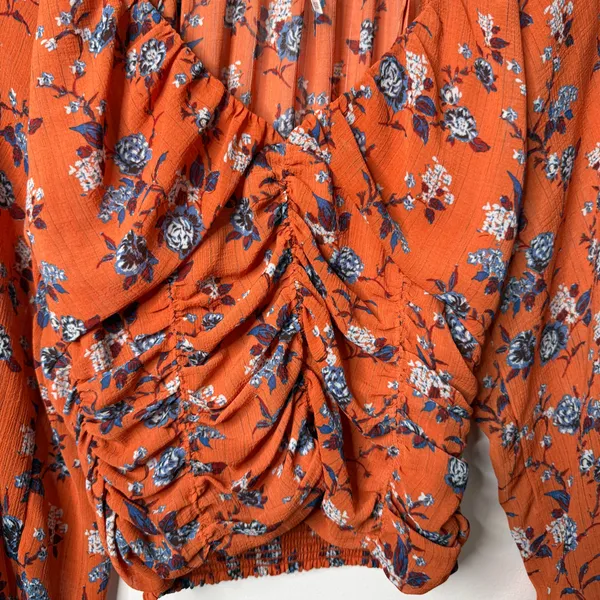 Free People New Final Rose Blouse Top Ruched Rust Orange Blue Floral Size XS - Image 10