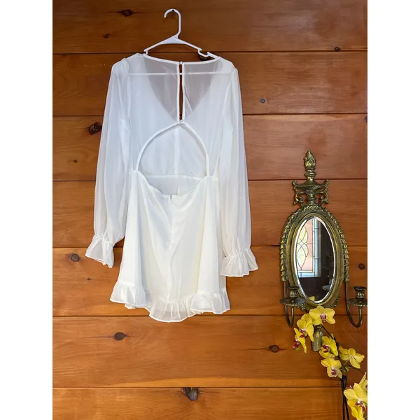 NWOT Lulus Sheer Attraction White Long Sleeve Ruffled Mini Dress Cocktail Size L - Image 4