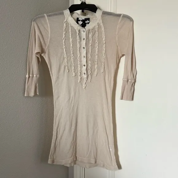 Young Fabulous & Broke Sheer Ribbed Henley Tunic Distressed Boho Style Large - Image 5