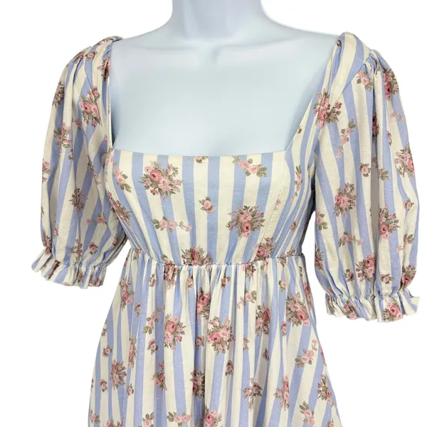 Show Me Your Mumu Mini Dress Womens XS Striped Floral Puff Sleeve Linen‎ Pockets - Image 5