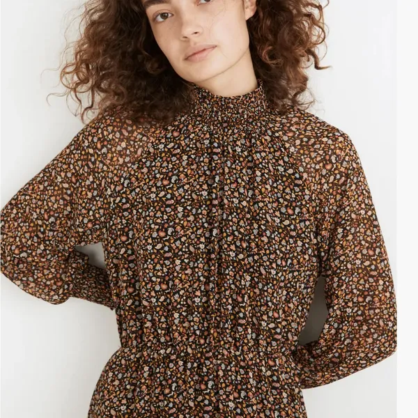 MADEWELL (Re)sourced Georgette Smocked-Neck Midi Dress‎ Folktale Paisley Black M - Image 4