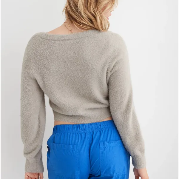 Aerie Fuzzy‎ Cropped Cardigan Stone Deep V-Neck Button Front Small Soft #2926 - Image 3