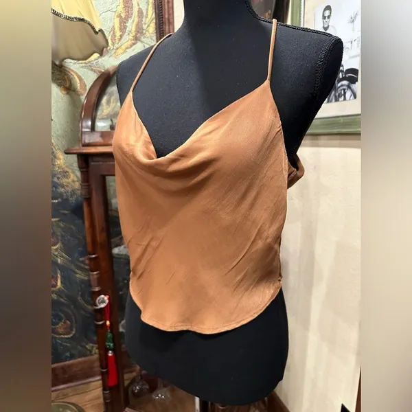 Zara Tan Flowy Neckline Silk Top Size Small EUC - Image 2