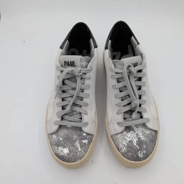 P448 Womens Thea Platform Sneakers White Silver Distressed Leather Italy Size 38 - Image 4