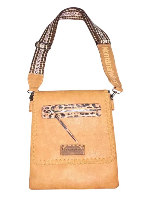 Montana West Tan Western Crossbody Bag Leopard Accent Wide Strap EUC - Image 5