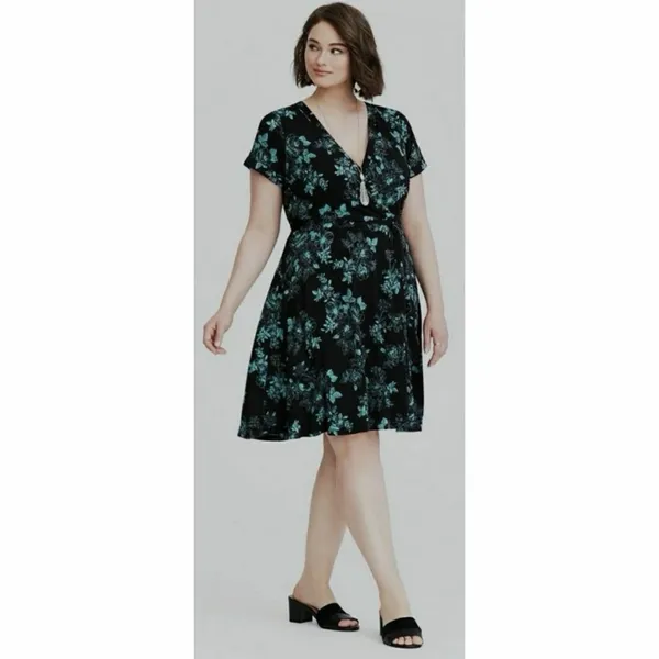 Torrid Black Aqua Floral Jersey Knit Faux Wrap Surplice Dress‎ Size 2X - Image 2