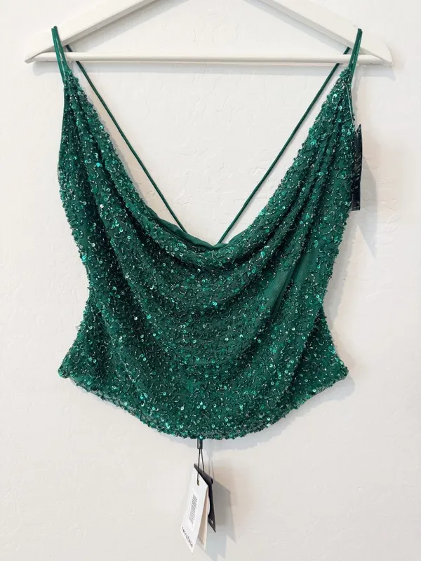Retrofête Michal Sequin Top Size Large Emerald Green Cowl Neck Club Night Out - Image 4