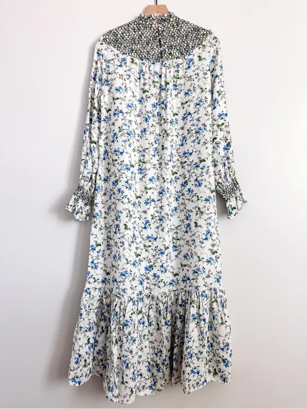 Zara White Blue Floral Smocked High Neck Maxi Dress Size S - Image 9