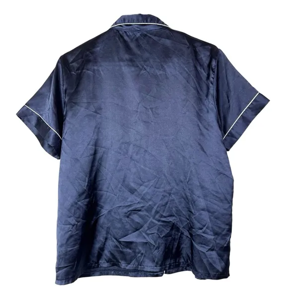 Boutique Navy Blue White Trim Satin Button Down Short Sleeve Pajama Top‎ L - Image 2