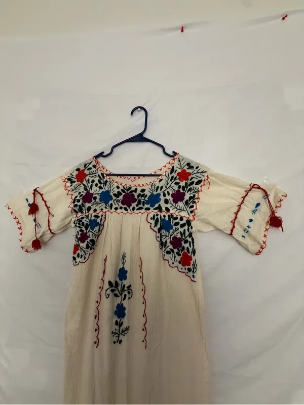 Mexican Hand Embroidered Dress Ivory Floral San Antonino Artisanal Boho(A852) - Image 3