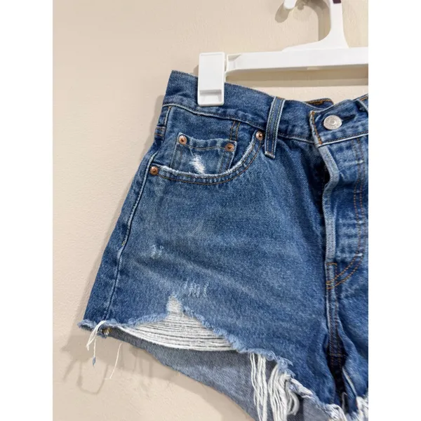 Levis 501 High Rise Distressed Denim Shorts Medium Wash Blue Size 25 Button Fly - Image 3