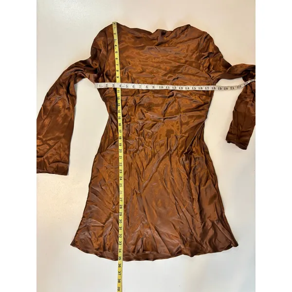 Anthropologie Long Sleeve Silky Satin Cowl Neck Bell Sleeve Mini Dress Brown M - Image 5