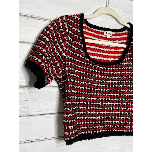 POL Fuzzy Striped Crop Sweater Top Red Black Cream Size Large - Image 8