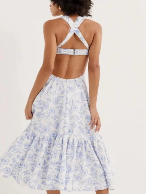 For love and lemons Maisie midi dress linen blend white blue size large - Image 2