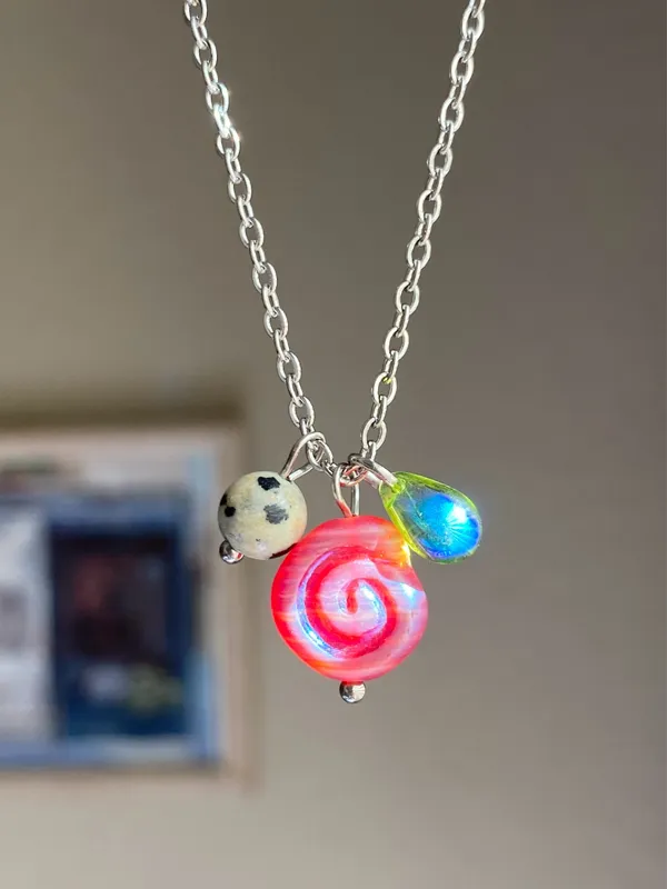 Handmade stainless steel chain & Czech glass mix boho funky necklace 🌀🩷 - Image 2