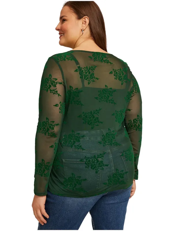 Studio Y by Maurices Emerald Green Velvet Flocked Floral Mesh Top NWT Size 0X - Image 2